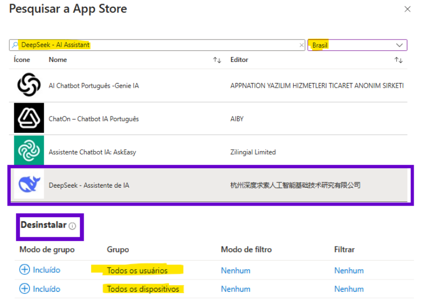 Tela do Microsoft Intune exibindo a seleção do aplicativo DeepSeek na App Store para desinstalação. A configuração mostra a inclusão de 'Todos os usuários' e 'Todos os dispositivos' na seção de atribuições de desinstalação.