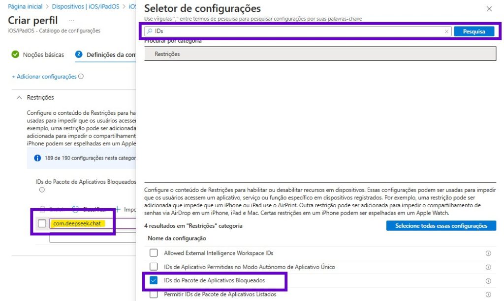 A interface exibe a configuração de perfil para dispositivos iOS/iPadOS no Intune. Na seção 'Restrições', está ativada a configuração para bloquear aplicativos específicos com base no ID do pacote. O ID com.deepseek.chat está listado como bloqueado, demonstrando como restringir o uso do DeepSeek em dispositivos gerenciados. Essa imagem reflete um exemplo de controle de aplicativos corporativos.