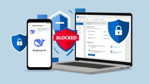 Microsoft Intune blocking DeepSeek AI: Smartphone shows app with red 'Blocked' warning alongside Intune admin console configuring app restrictions for iOS/Android security.