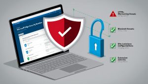 Configuração da Baseline de Segurança do Microsoft Edge no Intune: Notebook exibe console administrativo com políticas de segurança da versão 128, incluindo Isolamento de Sites e Restrições de Extensões. Ícone de escudo com cadeado e alertas simboliza proteção corporativa em esquema de cores azul/branco.
