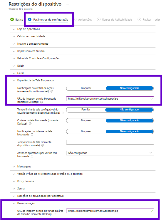 Configurações no Intune para definir papel de parede e tela de bloqueio em dispositivos Windows 10/11, incluindo opções de personalização e restrições de dispositivo.