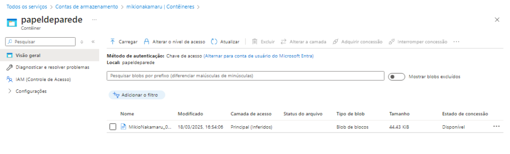 Tela de configuração de contêiner no Azure Blob Storage mostrando opções de upload de arquivos e configurações detalhadas para armazenar imagens e arquivos no Azure.