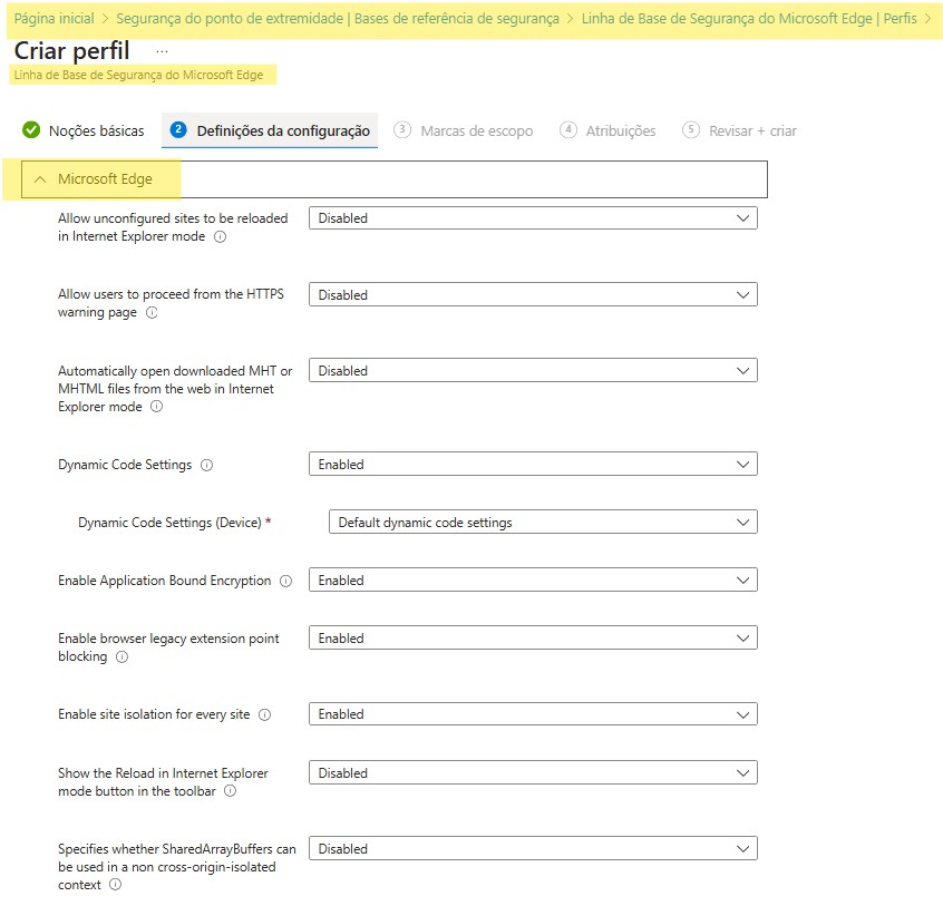 A imagem apresenta uma configuração de perfil de segurança no Microsoft Edge, destacando a seção "Definições da configuração" para segurança avançada. Há uma lista de opções configuráveis, como habilitar ou desabilitar recursos relacionados à segurança, como "Permitir recarregar sites no modo Internet Explorer" (desativado) e "Ativar isolamento de site para todos os sites" (ativado). Essa tela permite personalizar a proteção e os ajustes de segurança no navegador.