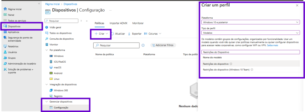 Interface do Microsoft Endpoint Manager exibindo configurações de criação de perfil para dispositivos Windows 10 e 11, com opções de restrições e personalização de dispositivos, incluindo políticas de papel de parede e tela de bloqueio.