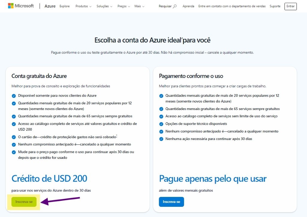 Tela de cadastro para criar uma conta gratuita no Azure.