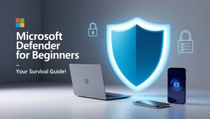 Ilustração de capa do Guia do Microsoft Defender para iniciantes, com escudo azul protegendo dispositivos digitais.