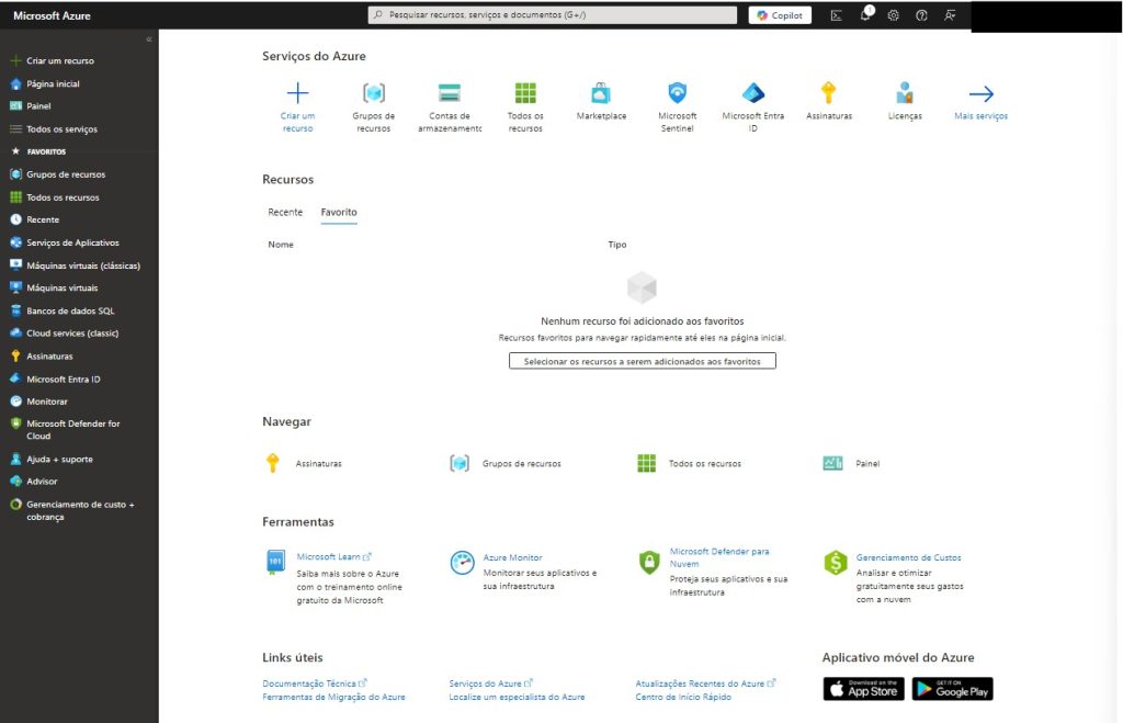 Tela inicial do portal do Azure com a barra de pesquisa destacada